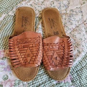 Valeria Huaraches Peep Toe Sandal Sz 7-7.5 Light Red Orange Summer Leather